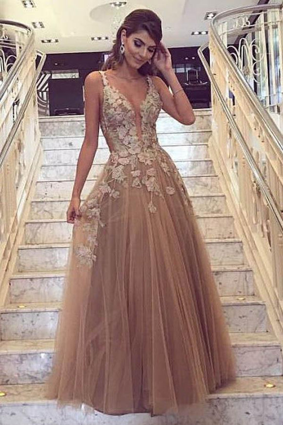 Charming A-Line Deep V-Neck Tulle Prom Dress with Appliques PFP0871