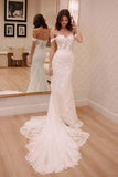 Princess Off Shoulder Court Train Chiffon Long Wedding Dress with Lace Appliques PFW0105