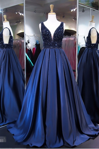 Unique Royal Blue A Line V Neck Sleeveless Long Prom Dress PFP0872