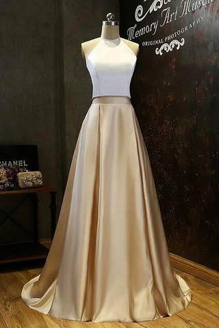 Simple Two-Piece Gold Halter Long Prom Evening Dress With White Top PF Promfast Simple Two-Piece Gold Halter Long Prom Evening Dress With White Top PF Promfast