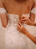 Princess Off Shoulder Court Train Chiffon Long Wedding Dress with Lace Appliques PFW0105