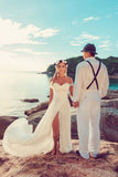 Casual Chiffon Off the Shoulder Long Off White Beach Wedding Dresses With Lace PFW0106