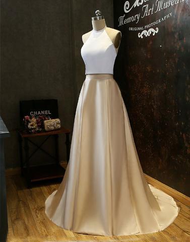 Simple Two-Piece Gold Halter Long Prom Evening Dress With White Top PF –  Promfast
