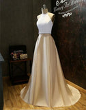 Simple Two-Piece Gold Halter Long Prom Evening Dress With White Top PFP0873