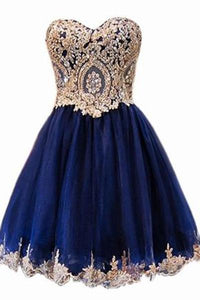 A Line Short Blue Gold Lace Appliques Prom Dresses Homecoming Dresses PFH0005