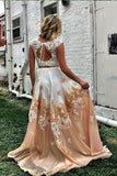 Pretty Two Piece Cap Sleeves A Line Lace Appliques Prom Dresses PFP0008