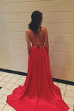 Red Spaghetti Strap Prom Dress with Pockets Sexy Long Split Party Dresses PFP0456