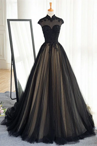 Promfast Chic A line High Neck Black Tulle Floor Length Modest Prom Dress Evening Dress PFP2183
