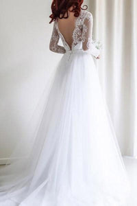 Simple A-line Long Sleeves White Tulle Lace Top Long Wedding Dresses PFW0107