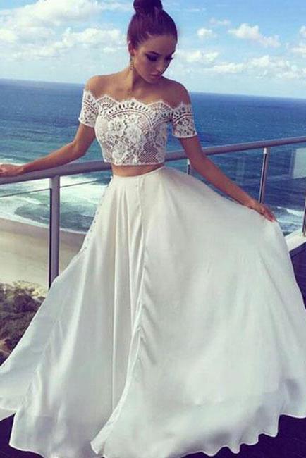 White Two Pieces Off The Shoulder Long Lace Cheap Prom Dresses,Formal Women Dress PFP0874
