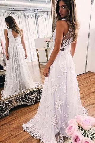 A-line White Lace V-neck Sleeveless Evening Prom Dresses With Sweep Train PFP0875
