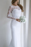 Elegant Lace Long Sleeves Sweep Train White Mermaid Wedding Dress PFW0108