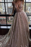 Modest A-line Silver Tulle V-Neck Rhinestone Prom Evening Dress Party Dress PFP0878