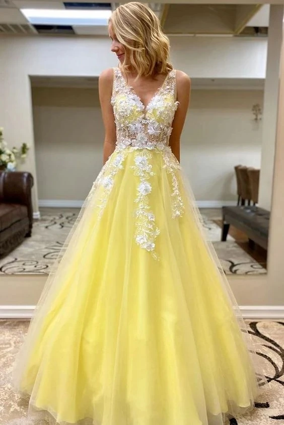 Promfast V Neck Tulle Lace Appliques Long A Line Prom Dress Yellow Formal Dress PFP1838