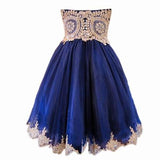 A Line Short Blue Gold Lace Appliques Prom Dresses Homecoming Dresses PFH0005