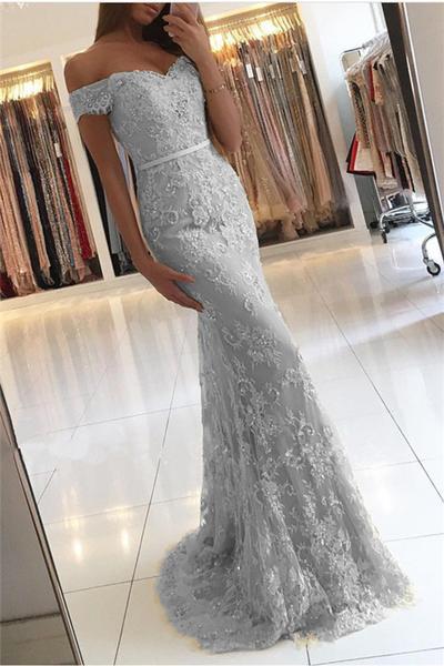 Off the Shoulder Mermaid Lace Gray Prom Dress,2018 Evening Gowns,Formal Dress PFP0879