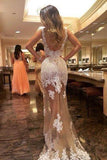 Sheath Scoop Tulle Long Backless Prom Dress With White Lace Appliques PFP0880