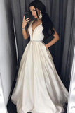 Sexy Deep V-Neck Ivory Long Prom Dress with Pockets,Formal Evening Dress PFP0881