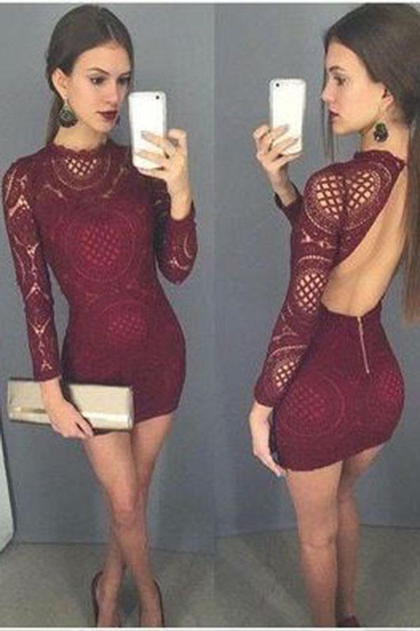 Sexy Open Back Lace Short Tight Long Sleeves Homecoming Dresses PFH000 Promfast Sexy Open Back Lace Short Tight Long Sleeves Homecoming Dresses PFH000 Promfast