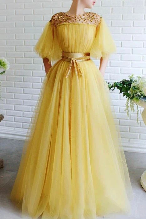 Promfast Modest Yellow Short Sleeves Long Prom Dresses A Line Tulle Ev Promfast Modest Yellow Short Sleeves Long Prom Dresses A Line Tulle Ev