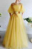 Promfast Modest Yellow Short Sleeves Long Prom Dresses A Line Tulle Evening Gown PFP1839