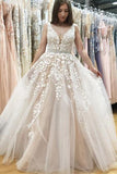 Elegant A-Line V-Neck Long Tulle Backless Wedding Dress with Beading Appliques PFP0883