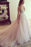 Spaghetti Straps V-neck Long Tulle Wedding Dress Prom Dress with Appliques PFP0884