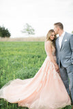 Blush Pink Long Tulle Appliques Wedding Dress With Cathedral Train,Prom Dresses PFW0111