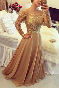 2019 Golden Off Shoulder Long Sleeve Chiffon A Line Party Prom Dresses For Women PFP0885