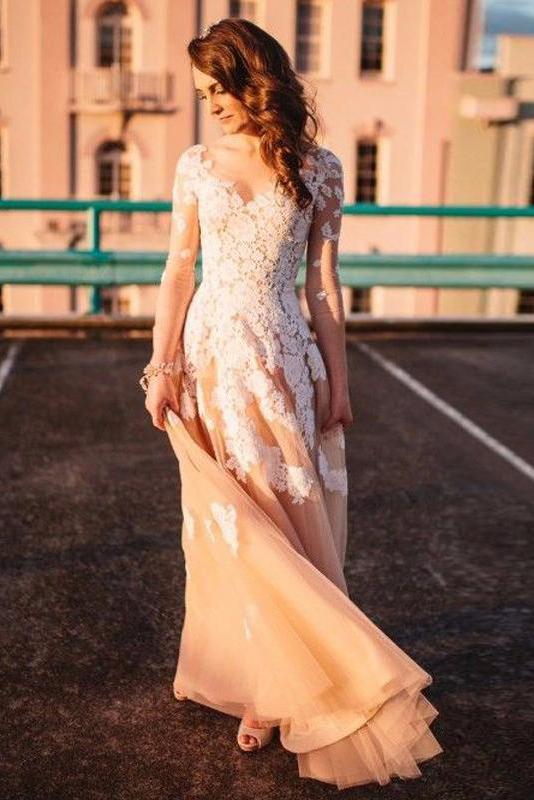Lace A-line Long Sleeves Tulle Simple Cheap Long Wedding Dresses,Prom Dress PFW0112