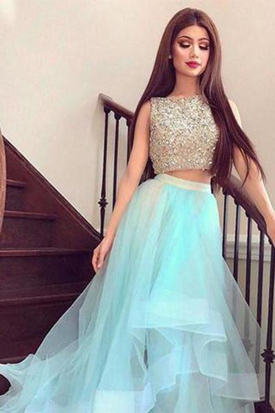 Bateau Prom Dresses With Rhinestone,High-low Short Two Piece Beading Homecoming Dresses PFP0887