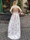 A Line V Neck Spaghetti Straps Floral Long Prom Dresses,Junior Graduation Dress PFP0508