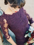 Gorgeous Half Sleeves Mermaid Long Purple Lace Open Back Bridesmaid Dress PFP0888