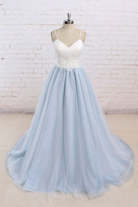 Baby Blue Tulle Long Simple Flower Senior Prom Dress With White Top,Long Tulle Evening Dress PFP0889