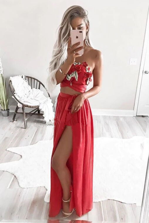 Two Piece Strapless Floor-Length Red Chiffon Prom Dress with Appliques PFP1639