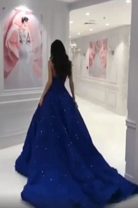 Elegant Navy Blue Sleeveless Prom Dresses Sweep Train Ball Gowns PFP1543