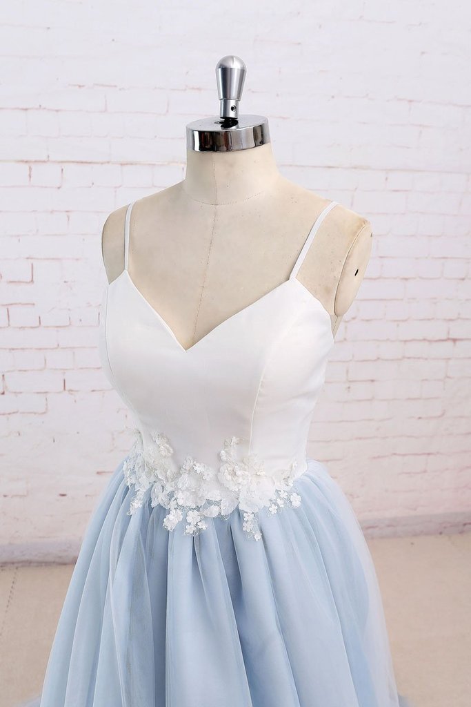 Baby Blue Tulle Long Simple Flower Senior Prom Dress With White Top,Lo –  Promfast