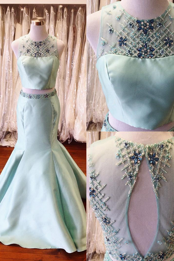 Two Pieces Long Mermaid Satin Prom Dresses For Teens,Beading Mint Backless Prom Gowns PFP0890