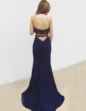 Sexy Two Piece Mermaid Halter Backless Navy Blue Long Prom Dress with Beading Embroidery PFP0891