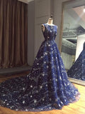 Chic A-line Ball Gown Dark Navy Sweep Train Tulle Modest Rhinestone Long Prom Dresses PFP0892