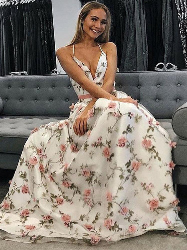 v neck graduation dress A Line V Neck Spaghetti Straps Floral Long Prom Dresses,Junior Graduat – Promfast