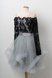 A Line Black Lace Off Shoulder Homecoming Dresses with Long Sleeves PFH0007