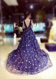 Chic A-line Ball Gown Dark Navy Sweep Train Tulle Modest Rhinestone Long Prom Dresses PFP0892