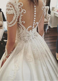 Attractive Satin Sheer Jewel Neckline Long Sleeves Wedding Dresses With Lace Appliques PFW0116