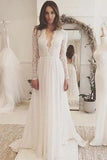 Off White Chiffon Long Sleeves Wedding Dress,Simple A Line V Neck Lace Prom Dress PFW0117