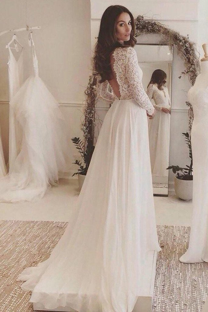 Off White Chiffon Long Sleeves Wedding Dress,Simple A Line V Neck Lace Promfast Off White Chiffon Long Sleeves Wedding Dress,Simple A Line V Neck Lace Promfast