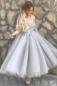 Simple A-Line Spaghetti Straps Prom Dress,Gray Tulle Short Homecoming Dress PFP0894