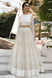 Ivory Two Piece Cheap A Line Prom Dress,Long Sleeves Lace Wedding Dress PFW0118
