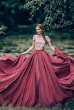 Charming Red Short Sleeves Lace Scoop A Line Two Pieces Long Formal Prom Dress PFP0895