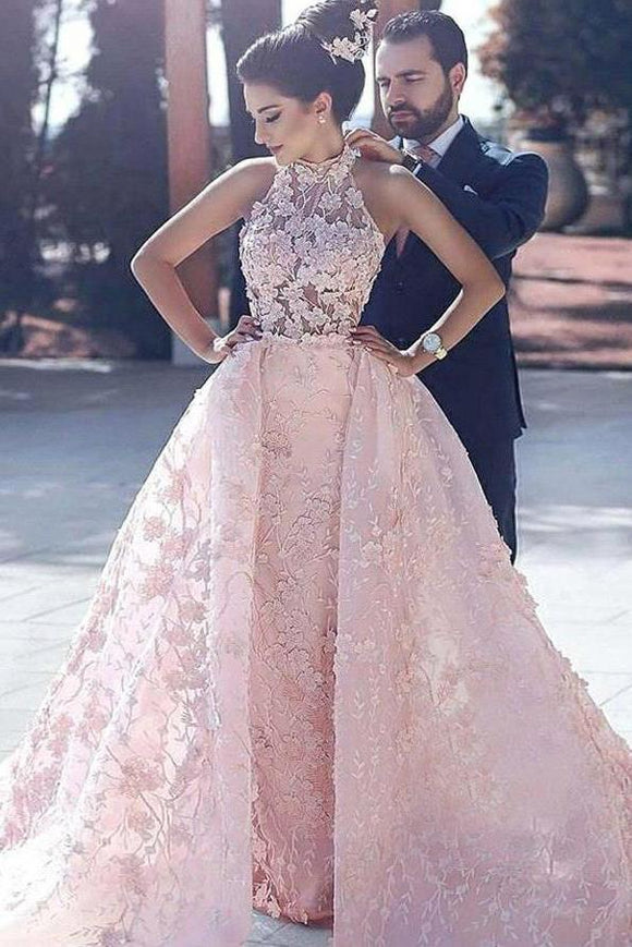 Luxury Pink Lace Wedding Dresses Halter Embroidery Slleveless Prom Dress Evening Dress PFP0896